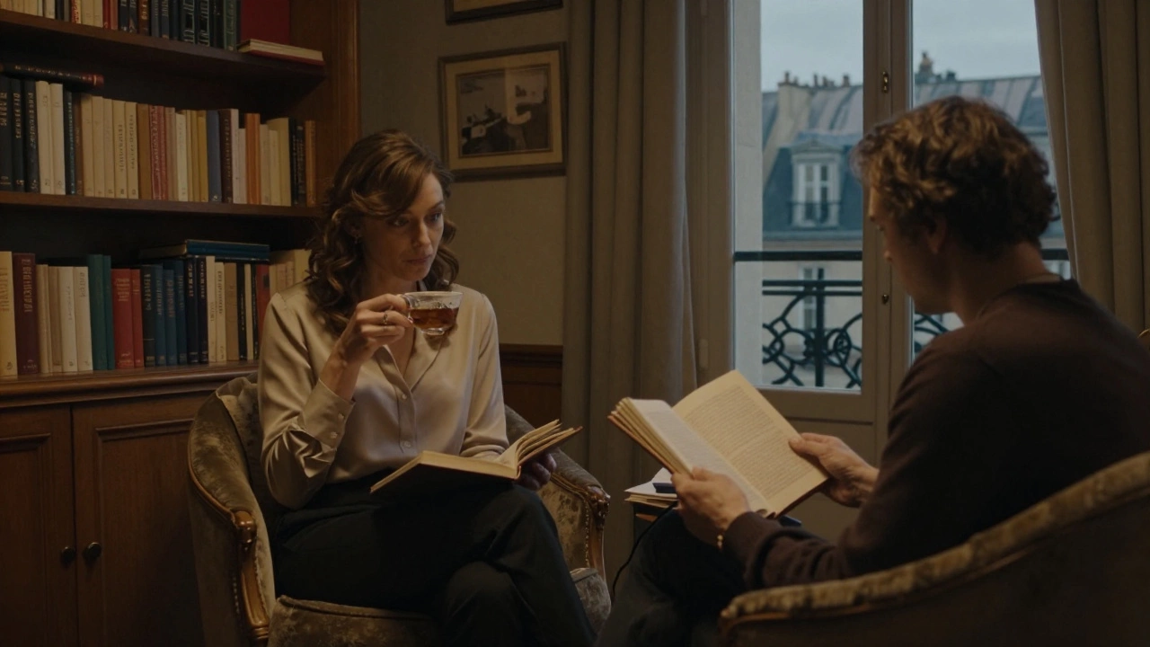 A calm salon interior with a woman and client sharing tea and silence among bookshelves, no physical contact.