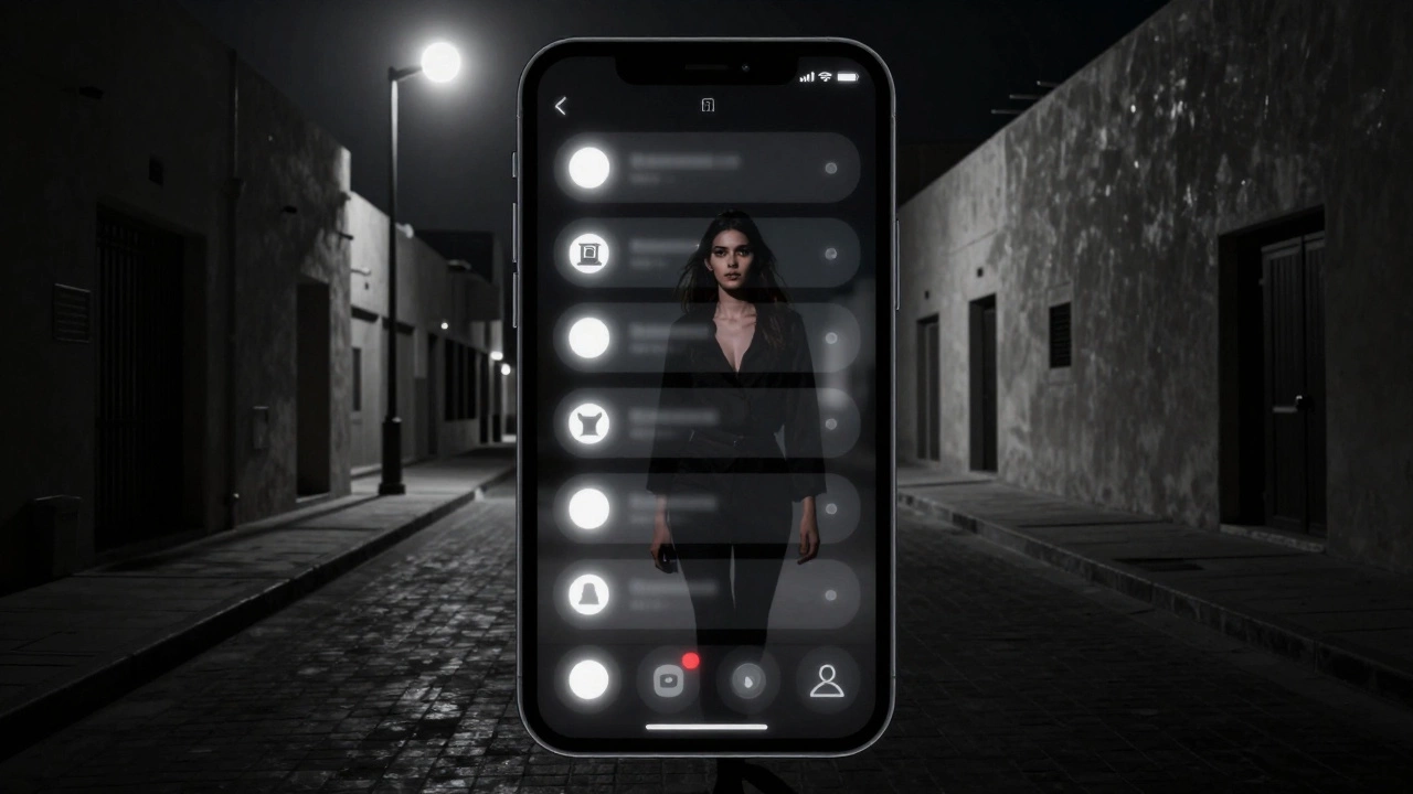 A woman walks through a quiet Dubai alley, moonlight reflecting off her face as an encrypted phone glows in her hand.