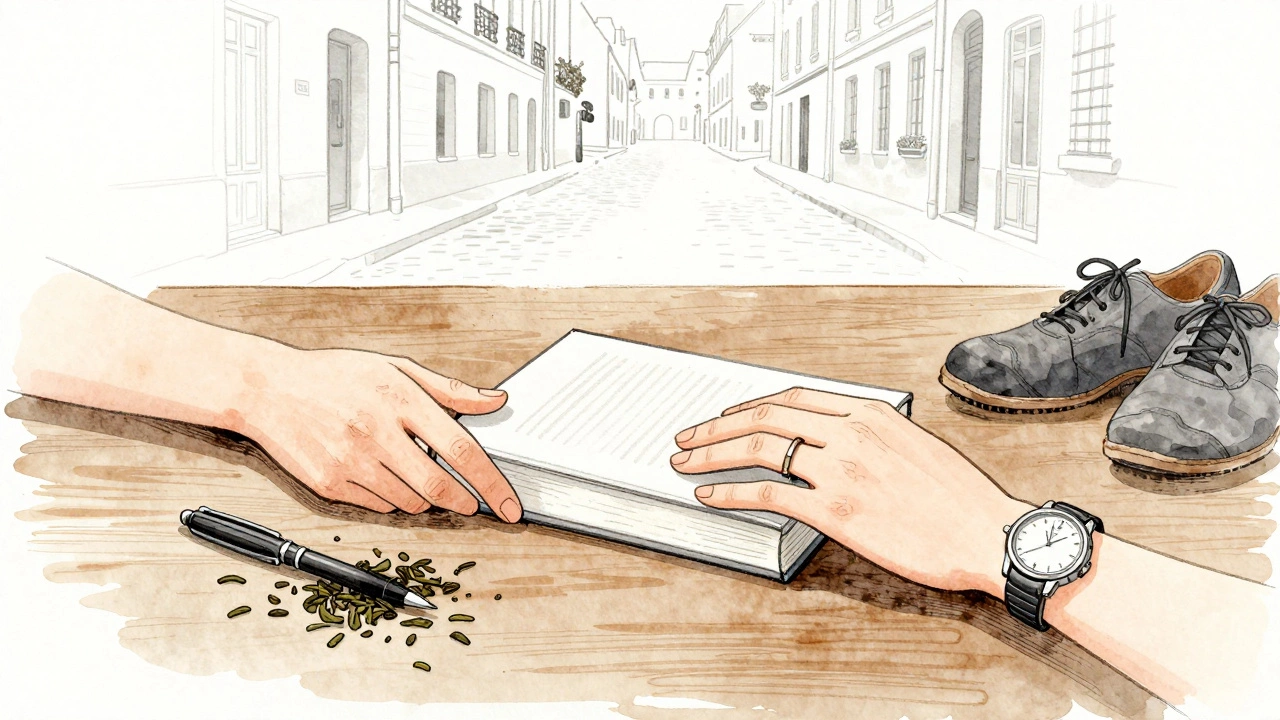 Two hands placing a book on a table with tea and walking shoes, symbolizing thoughtful companionship in Paris.